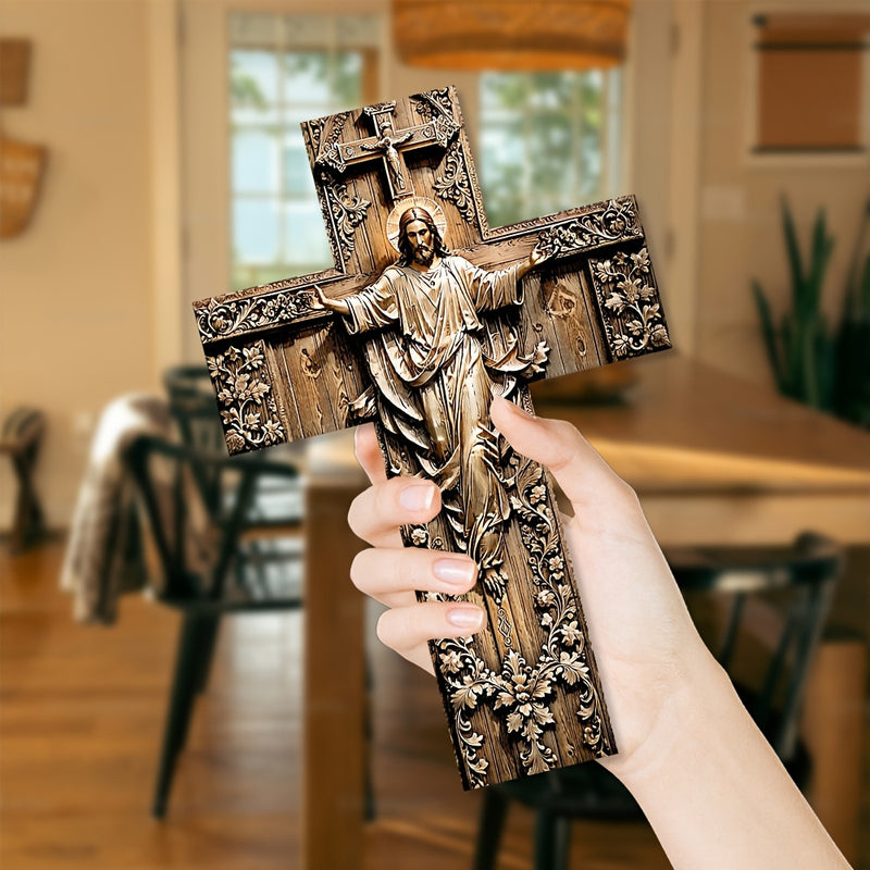 Crucifijo de Madera Artificial Regenerada Impreso en 2D con Patrones Florales - Arte Rústico Vintage para Navidad, Halloween, Pascua y Día de los Muertos - Decoración para Iglesia y Hogar, Plano en 2D