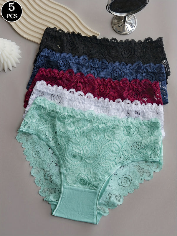 Conjunto de 5 Bragas de Encaje Floral, Bragas Triangulares Cómodas para Mujer con Ribete de Encaje