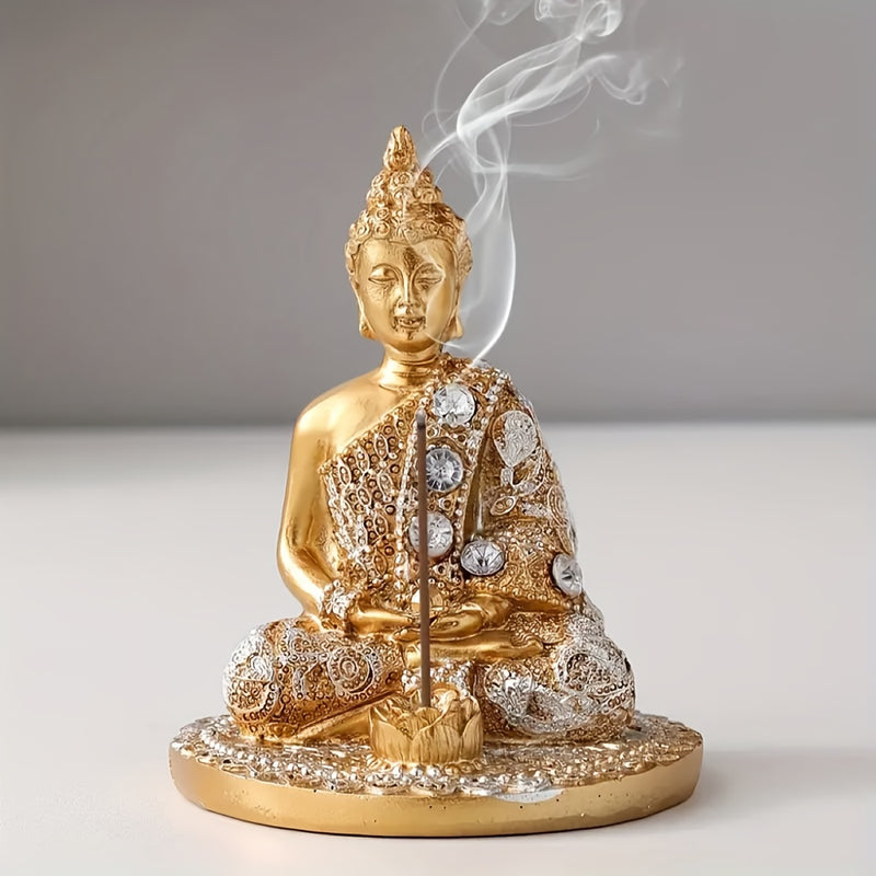 1pc Quemador de incienso de Buda dorado elegante, arte de resina con acentos de cristal, decoración zen para meditación, yoga, sala de té - Porta incienso sin humo para días festivos conmemorativos