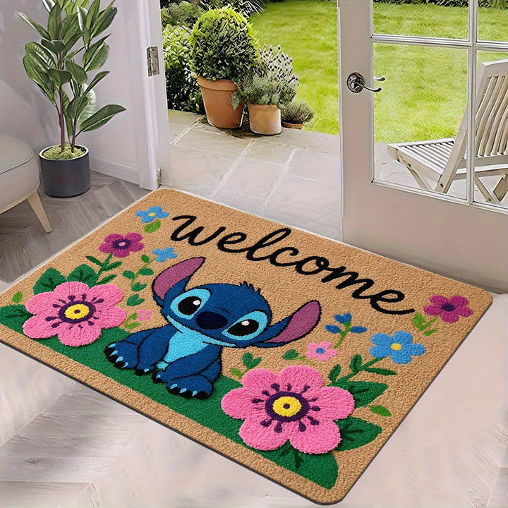 Alfombra de bienvenida con diseño de Stitch, 1 unidad - Antideslizante de poliéster con vibrante diseño floral, ideal para entrada, dormitorio y baño, fácil de limpiar, solo lavado a mano, tapete para baño