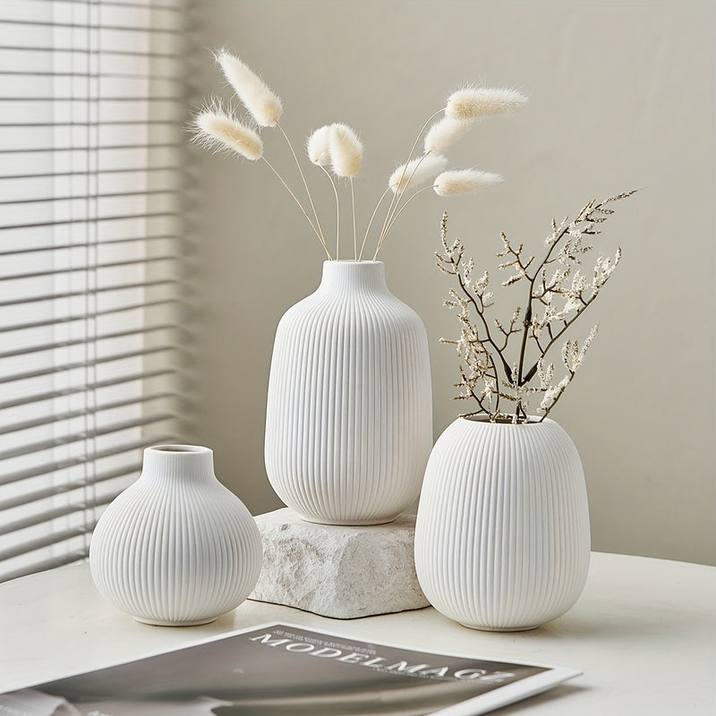 Juego de 3 Jarrones de Cerámica a Rayas Blancas – Estética Boho, Decoración Minimalista Moderna para Sala de Estar, Entrada, Mesa de Café | Diseño Geométrico Acanalado, Ideal para Decoración de Hogar a la Moda