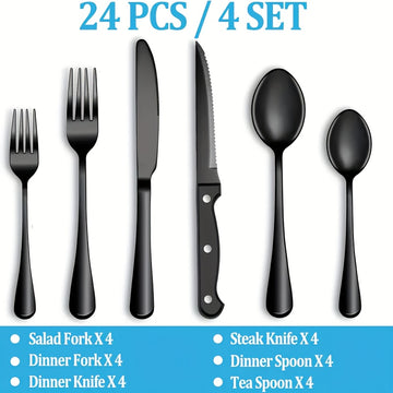 Juego de vajilla de acero inoxidable negro de 24/48 piezas, que incluye cuchillos para bistec, tenedores, cucharas, tenedores y cucharas para postres, adecuado para cocina doméstica/restaurante/hotel/exteriores/fiesta/Día de Halloween/Día del Padre, apto