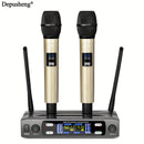 Micrófono inalámbrico profesional DEPUSHENG de dos canales portátil con pantalla digital, conector de 6,35 mm, indicador de batería y control de volumen - para reuniones, escenarios, actuaciones, KTV familiar, micrófono para computadora, equipo de audio
