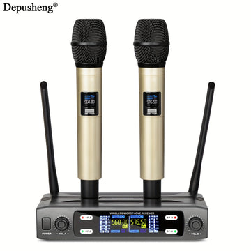Micrófono inalámbrico profesional DEPUSHENG de dos canales portátil con pantalla digital, conector de 6,35 mm, indicador de batería y control de volumen - para reuniones, escenarios, actuaciones, KTV familiar, micrófono para computadora, equipo de audio