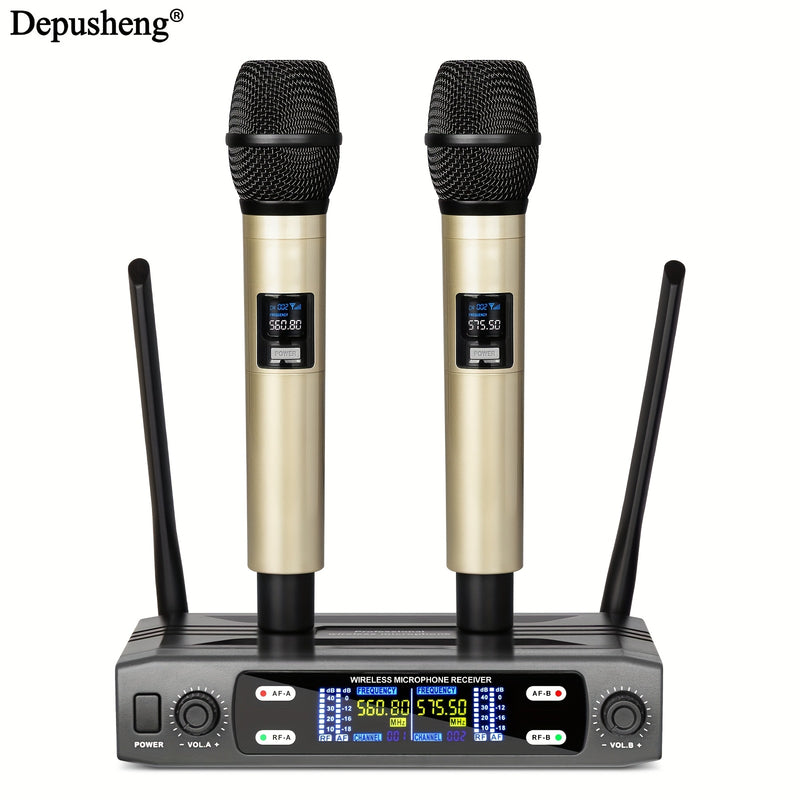 Micrófono inalámbrico profesional DEPUSHENG de dos canales portátil con pantalla digital, conector de 6,35 mm, indicador de batería y control de volumen - para reuniones, escenarios, actuaciones, KTV familiar, micrófono para computadora, equipo de audio