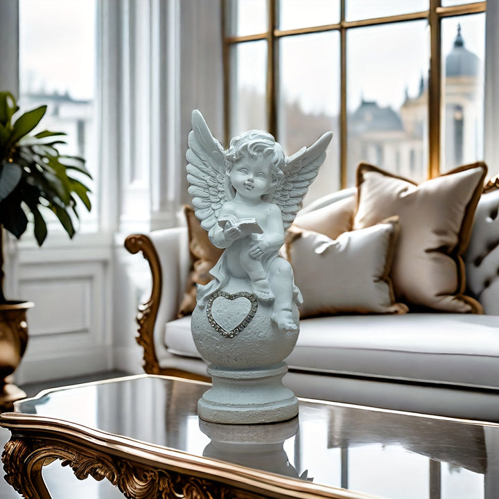 Estátua de ángel de resina, 1 pieza Figura decorativa de querubín leyendo con detalle de corazón, ideal para decoración interior, estantería, exhibición de arte en el hogar y jardín, no se requiere electricidad