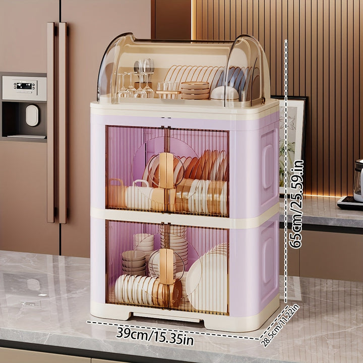 Escurridor de platos plegable de 2/3 niveles, gran capacidad con tapa, gabinete de almacenamiento para cocina con tabla de drenaje, antipolvo - ahorrador de espacio, organizador de vajilla ideal para armarios y encimeras, color morado