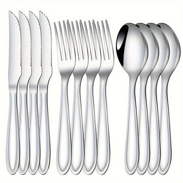 Juego de cubiertos de acero inoxidable, 12 piezas, pulido espejo, apto para lavavajillas, ideal para comedor en casa