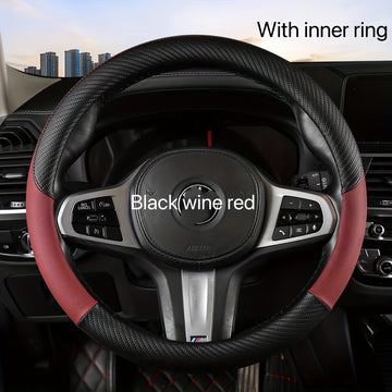 Funda de Volante de Fibra de Carbono Negro y Rojo con Anillo Interior - Cuero PU Antideslizante para Todas las Estaciones, Diseño Deportivo Elegante para Mayor Agarre y Comodidad