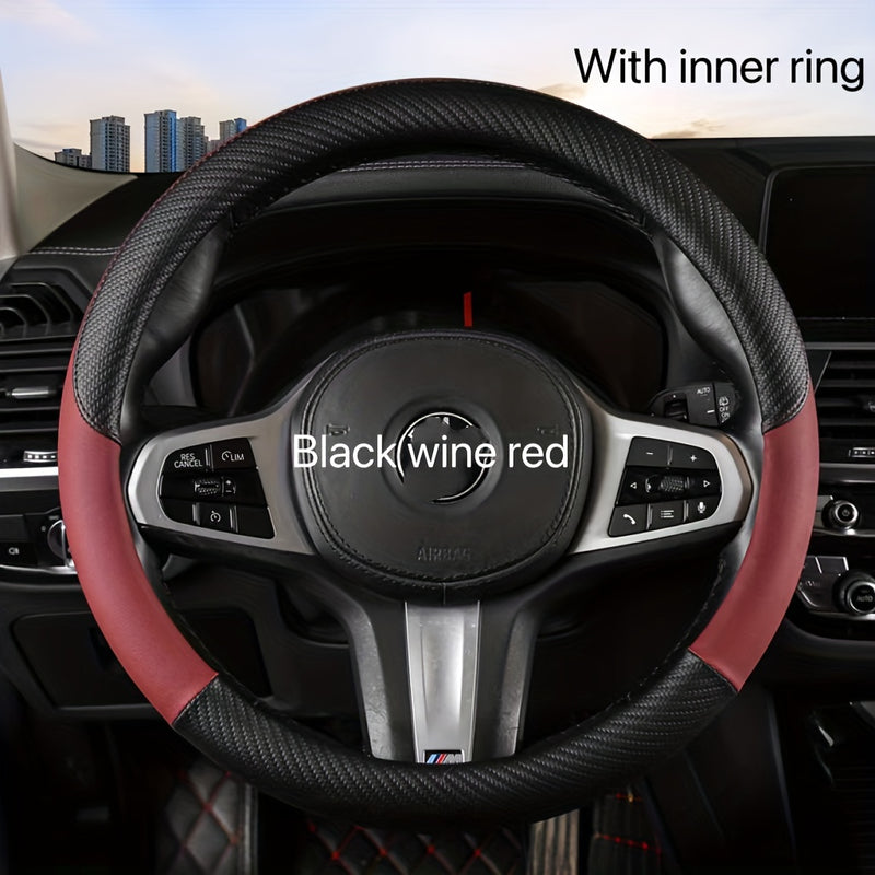 Funda de Volante de Fibra de Carbono Negro y Rojo con Anillo Interior - Cuero PU Antideslizante para Todas las Estaciones, Diseño Deportivo Elegante para Mayor Agarre y Comodidad