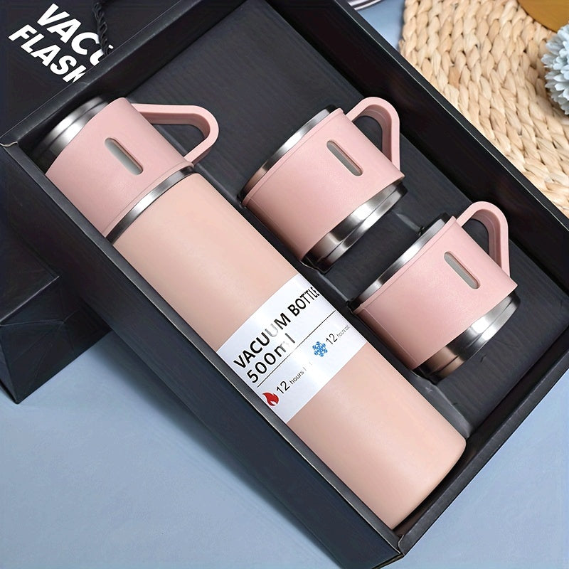 Juego de termos de acero inoxidable, taza térmica aislante de 500 ml/16.9 oz, mantiene bebidas frías o calientes, con taza adicional, para negocios, escuela u oficina
