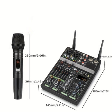 Mezclador de Audio Profesional de 4 Canales con Sistema de Micrófono Inalámbrico UHF para Escenario, Karaoke y Actuaciones En Vivo – Alimentado por USB, Construcción de Aleación, Negro, Incluye 2 Micrófonos y Fuente de Alimentación Fantasma, Accesorios p