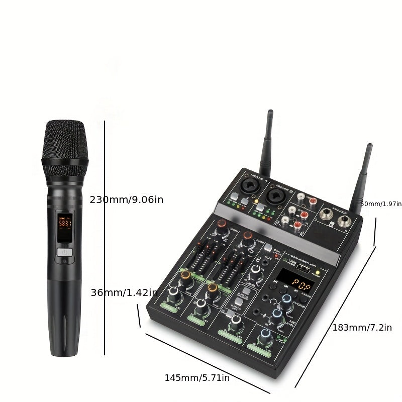 Mezclador de Audio Profesional de 4 Canales con Sistema de Micrófono Inalámbrico UHF para Escenario, Karaoke y Actuaciones En Vivo – Alimentado por USB, Construcción de Aleación, Negro, Incluye 2 Micrófonos y Fuente de Alimentación Fantasma, Accesorios p