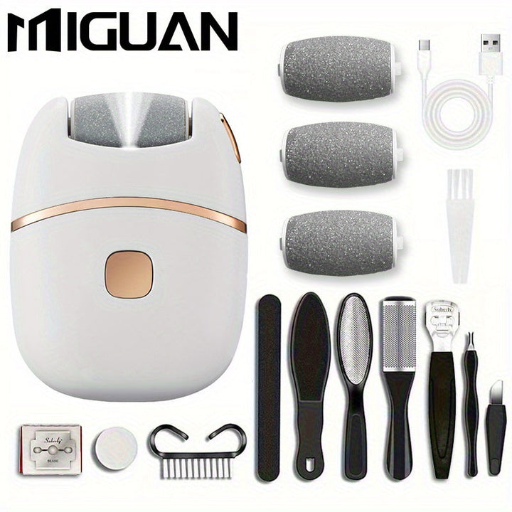 Amoladora Eléctrica para Pies con 3 Cabezales de Repuesto, Juego de Herramientas de Pedicura de 10 Piezas, Lima Eléctrica - 2 Velocidades, Batería de Litio 400mAh, Luces LED Auxiliares, Compacta y Portátil para Viajes - El Mejor Regalo para el Día del Pa