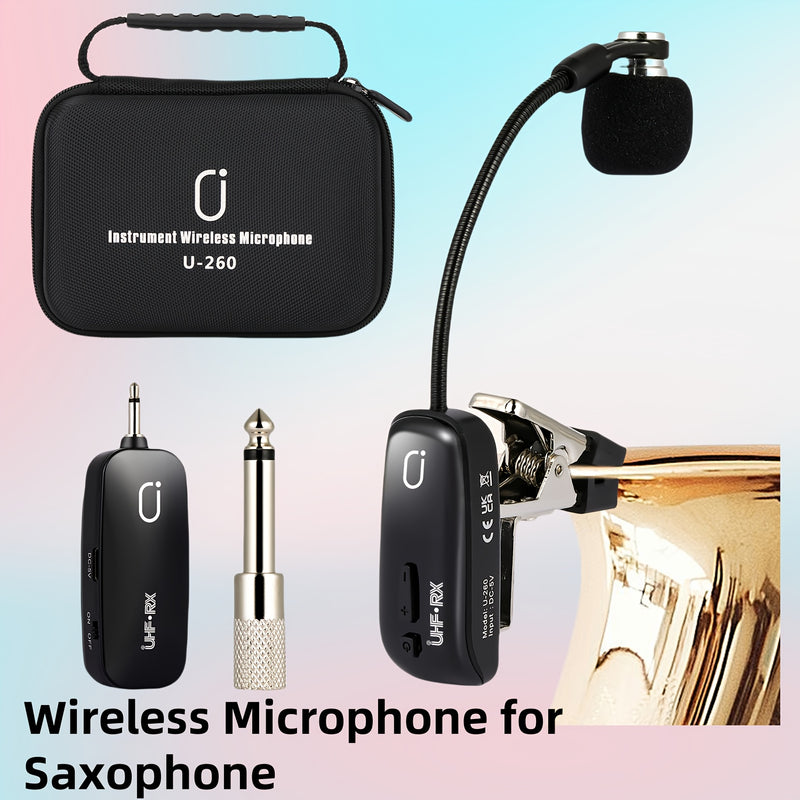 JYX Brand, Micrófono sin varillas U-260 para Saxofón y Trompeta, Sistema de Transmisor y Receptor Recargable con Alcance de 48.77 Metros, Plug-and-Play, Apto para Trompeta, Trompa, Violonchelo, Incluye Estuche de Almacenamiento,