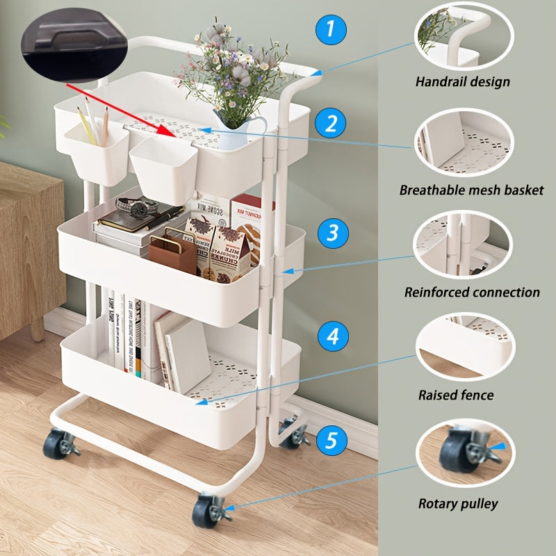Carrito organizador rodante de 3 o 4 niveles con ruedas, estructura resistente de plástico y metal, acabado negro, organizador móvil para cocina, baño o lavandería, carrito multiusos que ahorra espacio, solución de almacenamiento elegante, contenedores d
