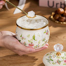 Tarro de azúcar floral esmaltado con tapa dorada, 1 unidad – Hermético, multiusos para almacenar café, té y alimentos, diseño redondo, solo lavado a mano
