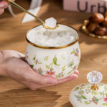 Tarro de azúcar floral esmaltado con tapa dorada, 1 unidad – Hermético, multiusos para almacenar café, té y alimentos, diseño redondo, solo lavado a mano