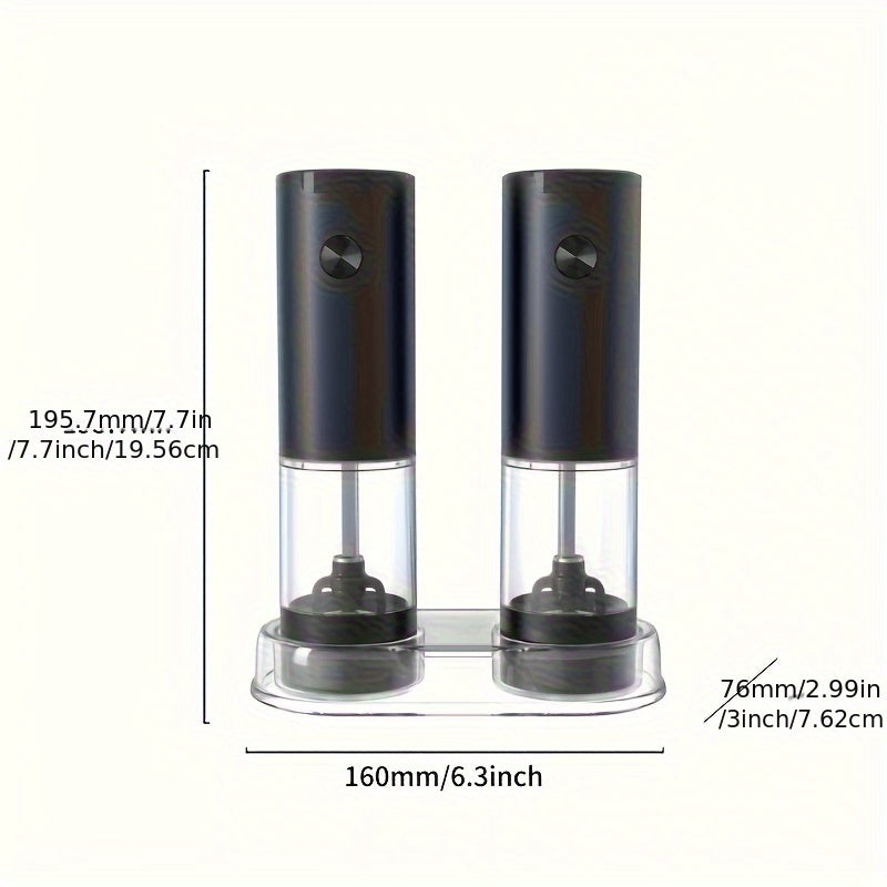 Juego de 2 Piezas, Molinillo Eléctrico de Pimienta con Almacenamiento Inferior, Sal y Pimienta Automático, Molinillo de Especias de Acero Inoxidable, Cuerpo Transparente, Funciona con Batería, Esencial para la Cocina, Regalo Ideal para Fiestas