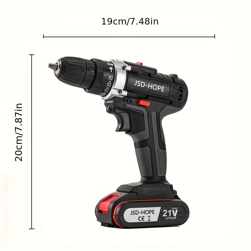 JSD-HOPE, taladro eléctrico inalámbrico, batería de litio recargable, serie 18650, 110V-130V, doble propósito para uso doméstico y profesional, diseño ergonómico con velocidad ajustable, construcción duradera, ideal para proyectos DIY y talleres profesio