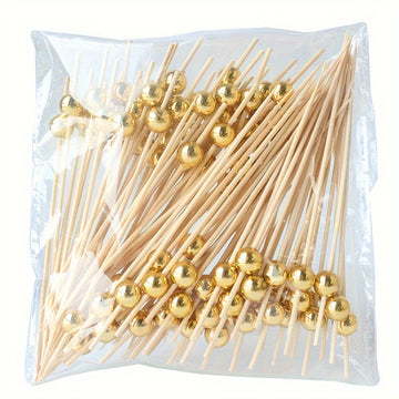 50pcs/30pcs Palillos de Bambú para Cócteles con Perlas Doradas - Brochetas Elegantes para Fruta, Pastel, Aperitivos y Snacks - Ideales para Cumpleaños, Graduación, Aniversario y Decoraciones de Fiestas Festivas
