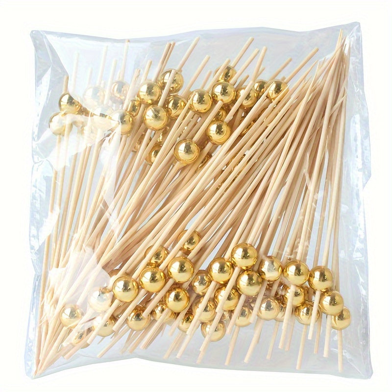 50pcs/30pcs Palillos de Bambú para Cócteles con Perlas Doradas - Brochetas Elegantes para Fruta, Pastel, Aperitivos y Snacks - Ideales para Cumpleaños, Graduación, Aniversario y Decoraciones de Fiestas Festivas