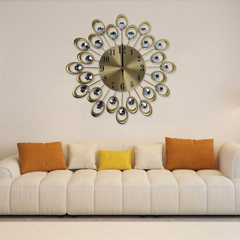 Reloj de pared silencioso de lujo, reloj redondo de metal moderno para sala de estar y dormitorio, funciona con pilas AA, elegante diseño de corona con superficie plana, reloj de decoración para el hogar (pilas no incluidas)