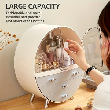 Organizador de cosméticos redondo con cajones, caja de almacenamiento de maquillaje de plástico de gran capacidad, estuche de tocador, elegante y que ahorra espacio para tocador y baño