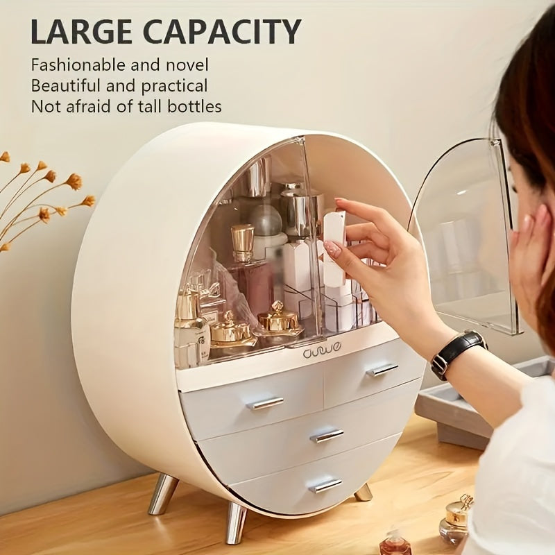 Organizador de cosméticos redondo con cajones, caja de almacenamiento de maquillaje de plástico de gran capacidad, estuche de tocador, elegante y que ahorra espacio para tocador y baño