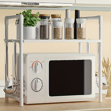 Estantería de Cocina de Almacenamiento Abierto con Compartimento para Microondas - Plástico Duradero, Diseño de Dos Niveles para una Organización Eficiente, Incluye Porta Utensilios y Estantes Espaciosos para Productos Secos, Organizadores y Almacenamien