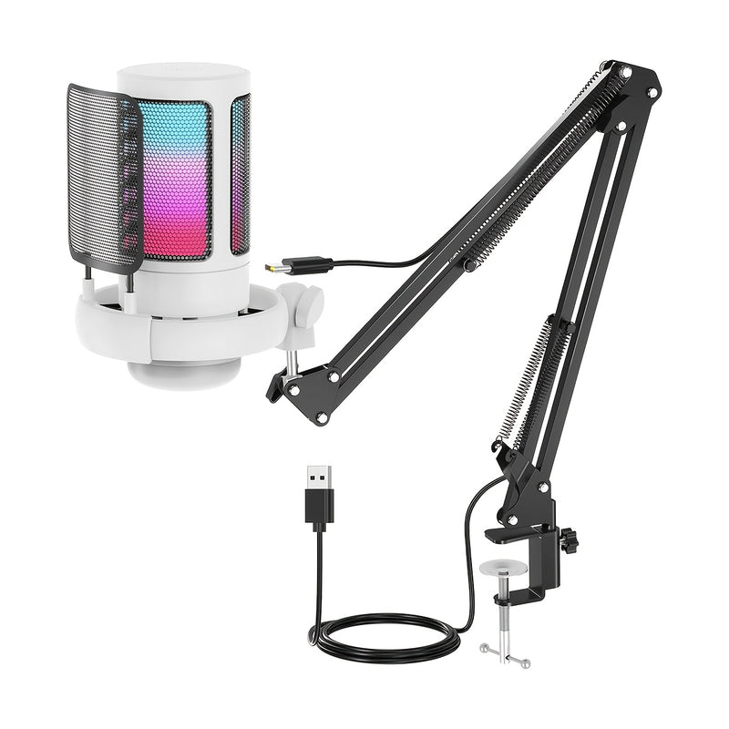 Micrófono condensador USB para gaming con brazo ajustable, compatible con PC/computadora/PS4&PS5/tableta, plug and play, silencio con toque, luz RGB degradé, control de volumen y ganancia, monitoreo en tiempo real, cancelación de ruido, ideal para stream