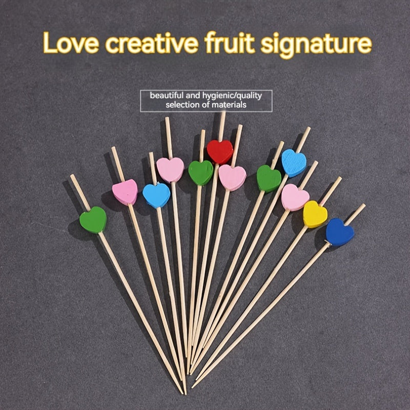 100pcs Palillos Artísticos de Bambú para Frutas, Decoraciones de Madera Desechables para Cócteles con Diseños de Amor y Flor de Ciruelo