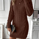 Vestido de Punto de Cable Elegante para Mujer - Cuello Alto Chic, Manga Larga, Vestido de Poliéster Negro Sólido con Diseño de Cuerda Texturizada, Perfecto para Otoño e Invierno