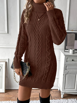 Vestido de Punto de Cable Elegante para Mujer - Cuello Alto Chic, Manga Larga, Vestido de Poliéster Negro Sólido con Diseño de Cuerda Texturizada, Perfecto para Otoño e Invierno