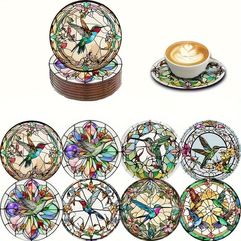 8 Piezas de Posavasos con Patrón de Vidrio Manchado de Colibrí, Antideslizantes y Resistentes al Calor para Protección de Mesas, Ideales para Tazas, Cafés, Oficinas, Cocinas, Restaurantes, Decoración o Coleccionismo Personal