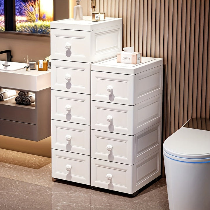 Armario de Almacenamiento Plástico de 5 Niveles y 5 Cajones con Ruedas, Ancho 15/25 cm, Diseño Ahorra Espacio para Oficina o Sala de Estar, Caja Impermeable sobre Rodillos, Fácil Uso, Armarios Portátiles