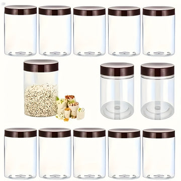 9 piezas de 16 onzas de frascos de plástico transparente con tapas marrones - Diseño con rosca y hermético para frutas secas, miel, nueces y más - Incluye etiquetas y bolígrafo, ideal para almacenamiento de cocina, accesorios para frascos de mason