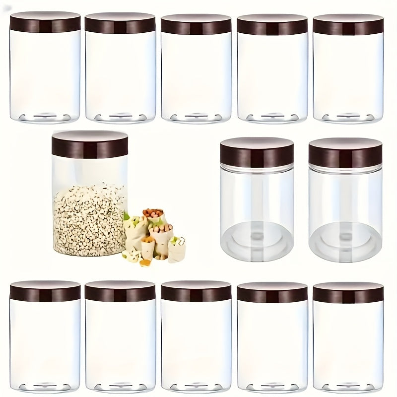 9 piezas de 16 onzas de frascos de plástico transparente con tapas marrones - Diseño con rosca y hermético para frutas secas, miel, nueces y más - Incluye etiquetas y bolígrafo, ideal para almacenamiento de cocina, accesorios para frascos de mason