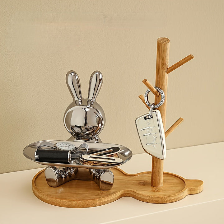 Bandeja de cerámica moderna con forma de conejo para almacenamiento - Soporte de madera, ideal como organizador de llaves y joyas, perfecto para decorar la entrada.