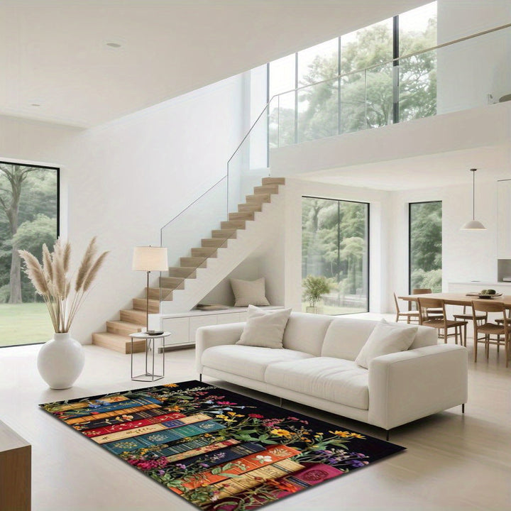 1pc Alfombra de Terciopelo con Diseño Floral y Patrón de Libros, Ideal para Cocina, Dormitorio, Sala, Estudio, Pasillo o Entrada – Ligera, Antideslizante y Lavable a Máquina