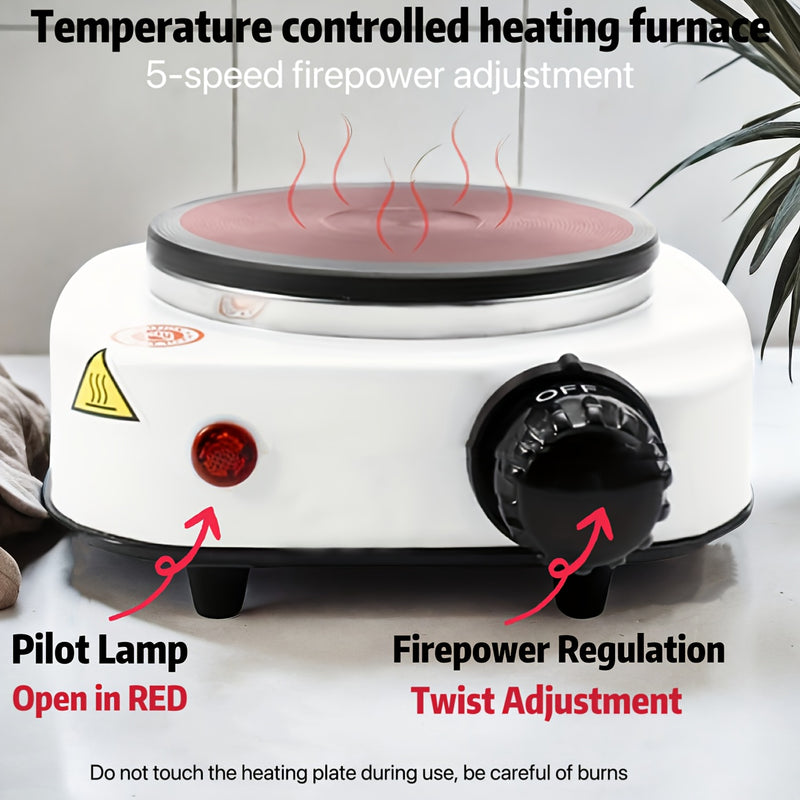 Estufa Eléctrica Versátil de 110V con Placa de Hierro Fundido - Perfecta para Teteras, Cafeteras y Mochas, Control de Calor de 5 Niveles, Distribución Uniforme del Calor, Diseño Portátil, Blanco y Gris, Enchufe Estadounidense