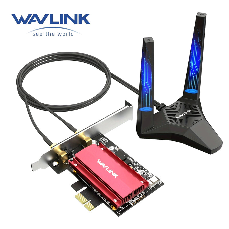 Adaptador WAVLINK AX5400 WiFi 6E PCIe con Tarjeta Inalámbrica Tri-Banda AX210, MU-MIMO, WPA3, OFDMA, Soporte de Bajo Perfil y Disipador de Calor para Windows 10/11, Linux - Alta Velocidad 2.4GHz/5GHz/6GHz, Antena Dual, 1024QAM, Compatible con Ranuras X1/