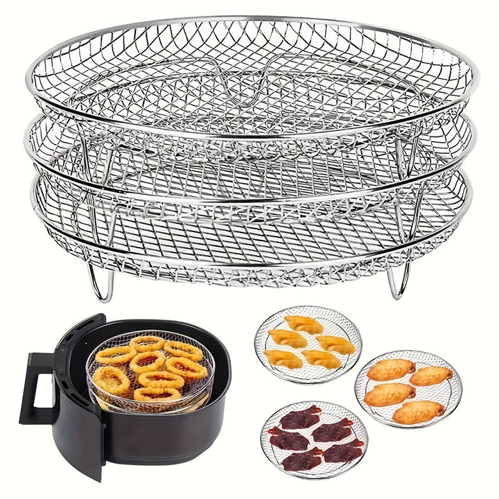 2 piezas de accesorios de freidora de aire de acero inoxidable, parrilla, papas fritas, muslos de pollo fritos - Apilables, adecuados para horno y freidora de aire, aptos para lavavajillas, elección perfecta para hornear saludablemente durante las vacaci