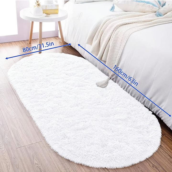 1pc Alfombra Ovalada de Peluche Suave y Lujosa - Antideslizante, Lavable a Mano, Duradera de Fibra de Poliéster, Perfecta para Dormitorio y Sala de Estar, Ideal para Mesa de Café y Decoración de Entrada, Elegante en Blanco