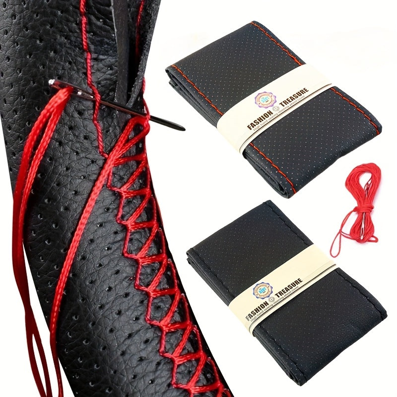 Funda para volante de imitación cuero premium con malla transpirable, costura a mano, ajuste perfecto y duradero, accesorio para interior de auto, negro con costuras rojas para mejor agarre, cubierta para volante, accesorio para vehículo, diseño elegante