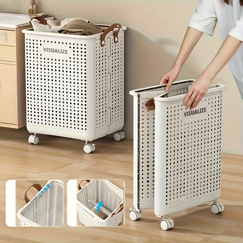 1 cesta de almacenamiento plegable blanca de tamaño medio-grande con ruedas - Organizador que ahorra espacio para toallas, ropa, juguetes y más - Caja plegable portátil de plástico con asas, ideal para el hogar, la cocina, el baño y el spa | Cesta prácti