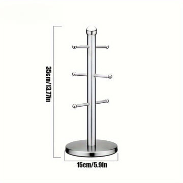 1pc Soporte de árbol de taza de acero inoxidable, acabado pulido, soporte de 6 tazas, con base antideslizante, para almacenamiento de tazas de café y té, mesa plana, encimera de cocina y mesa de gabinete