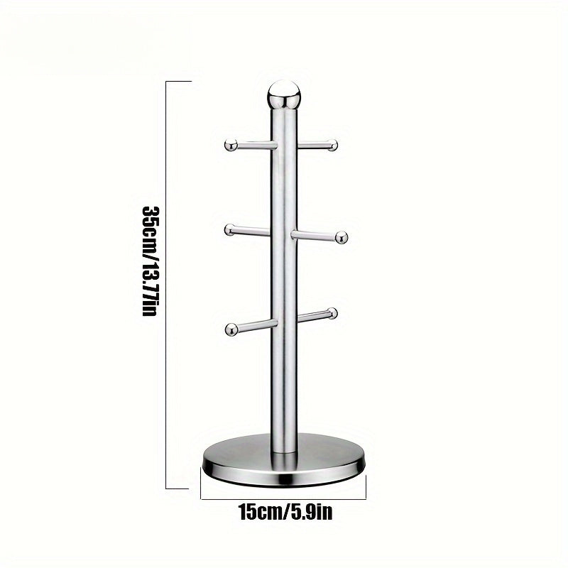 1pc Soporte de árbol de taza de acero inoxidable, acabado pulido, soporte de 6 tazas, con base antideslizante, para almacenamiento de tazas de café y té, mesa plana, encimera de cocina y mesa de gabinete