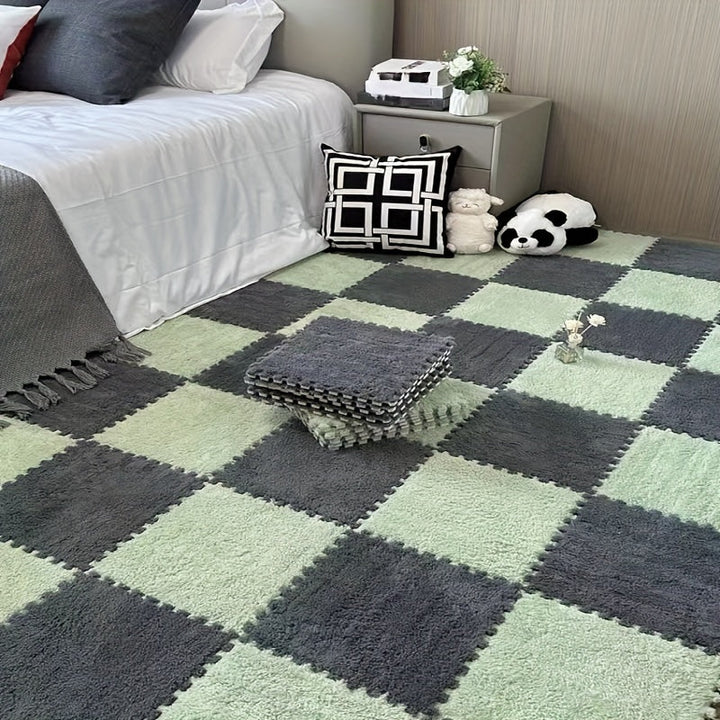 Conjunto de 24 alfombras geométricas de felpa, alfombra de suelo cuadrada de pelo bajo, poliéster lavable y EVA, hecha a máquina, alfombra de dormitorio interior para sala de estar, apta para mascotas, decoración temática navideña