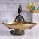 Figura de mujer africana de resina con tazón de hoja dorada - Decoración para el hogar, ornamento de mesa, organizador de entrada, regalo ideal, decoración navideña